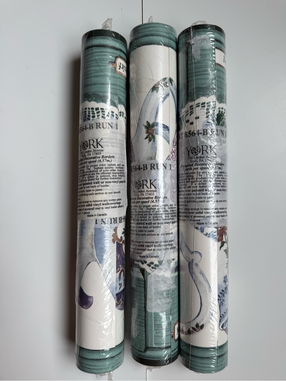 Vintage York Lot of 3 Wallpaper Border Rolls Tea Pot Them 15 Yards-Unopened